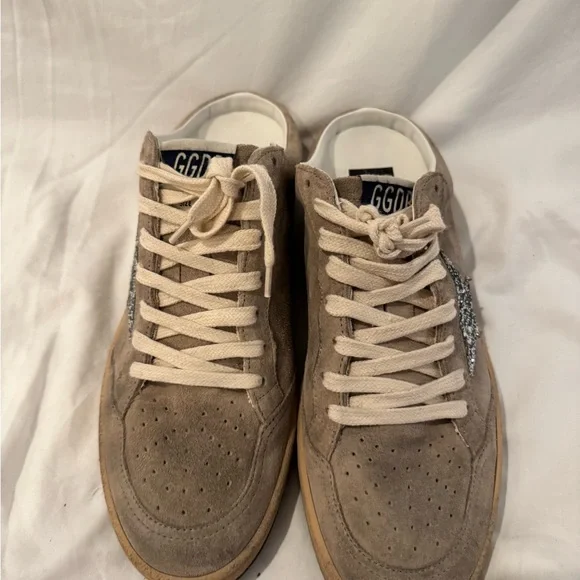 Golden Goose Beige Suede Sneakers with White Laces and Silver Glitter Star - Picture 1 of 7